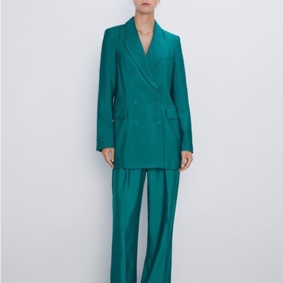 Zara Long Buttoned Blazer in Green Blue - Picture 3 of 16